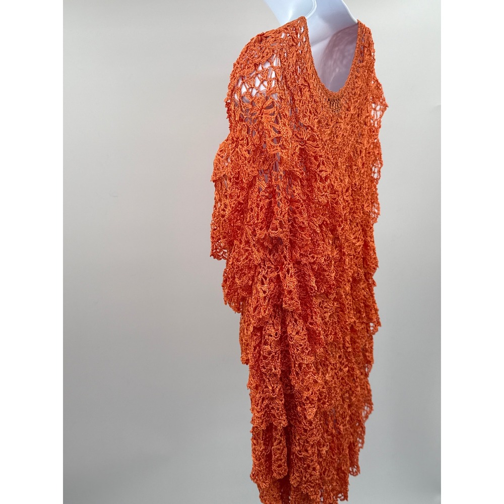 Ania A Orange Crochet Knit Tiered Ruffle Floral Top L/XL Rayon Boho Scoop Neck - Picture 4 of 10